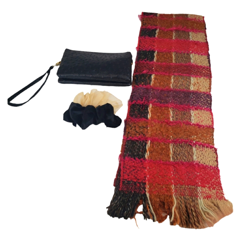 Scarf, Clutch, and Scrunchie Bundle Black/Pink/Camel